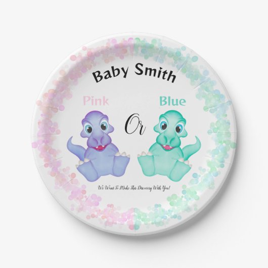 Rosa oder blaue Dinosaurier Babydusche Geschlechts Pappteller (Vorderseite)