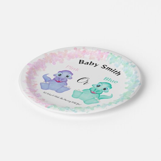 Rosa oder blaue Dinosaurier Babydusche Geschlechts Pappteller (Schrägansicht)