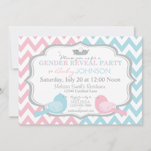 Rosa oder blaue Vögel und Zickzack Geschlecht Einladung (Rückseite)