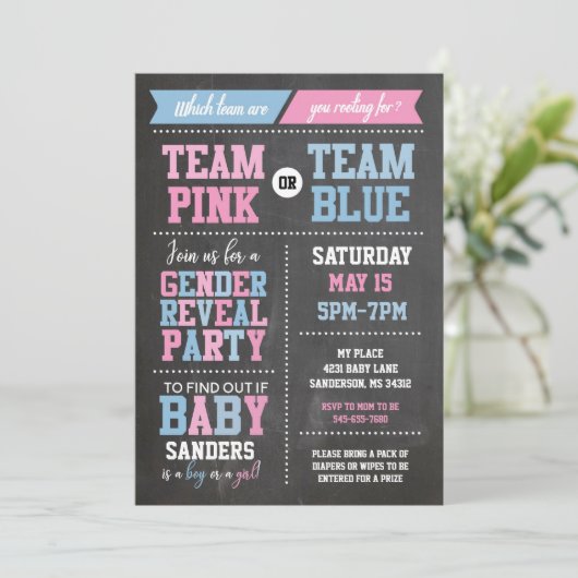 Rosa oder blaues Geschlecht zeigen Halbpension Einladung (Stehend Vorderseite)