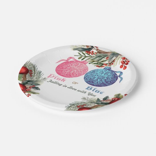 Rosa oder blaues Winter Gender Reveal Party Pappteller (Schrägansicht)