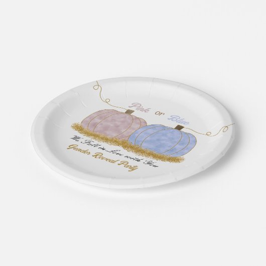 Rosa oder Blue Pumpki Gender Reveal Party Einladun Pappteller (Schrägansicht)