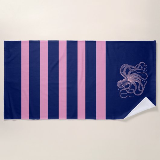 Rosa Oktopus mit blauen und rosa Streifen Strandtuch (Vorderseite)