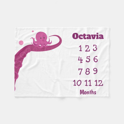 Rosa Oktopus Name Milestone Fleece Blankon (Vorderseite (Horizontal))