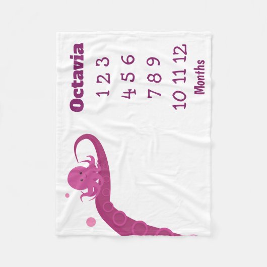 Rosa Oktopus Name Milestone Fleece Blankon (Vorderseite)