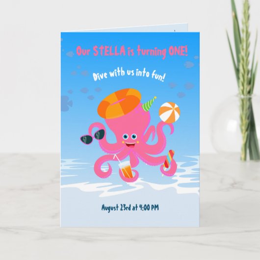 Rosa Oktopus Sommermädchen Geburtstagsparty Einladung (Vorderseite)
