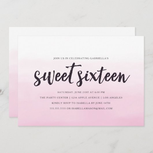 Rosa Ombre 16. Geburtstag Party Einladung (Vorne/Hinten)