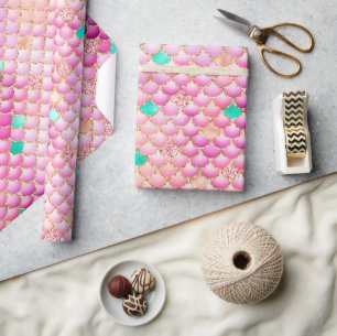 Rosa Ombre-Folie und goldene Glitzer-Meerjungfrau- Geschenkpapier