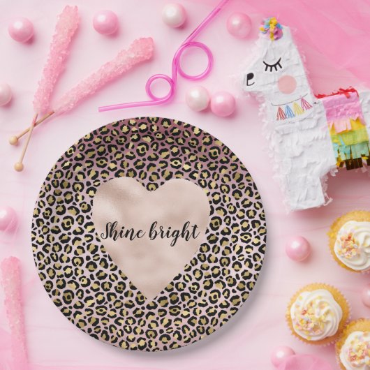 Rosa Ombre Gold Black Leopard Prinz Herz Pappteller (Party)