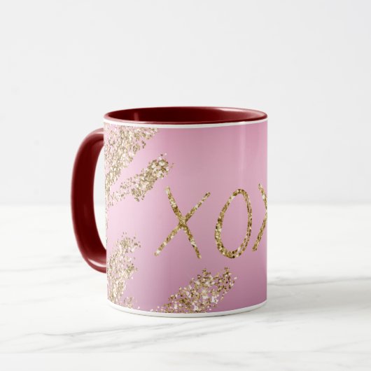 Rosa Ombre Gold Glitzer Heart XOXO Tasse (Vorderseite Links)
