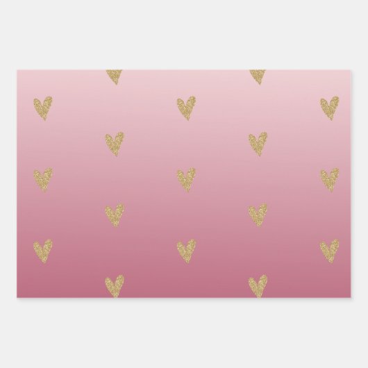 Rosa Ombre Gold Glitzer Herz Geschenkpapier Set (Vorderseite)