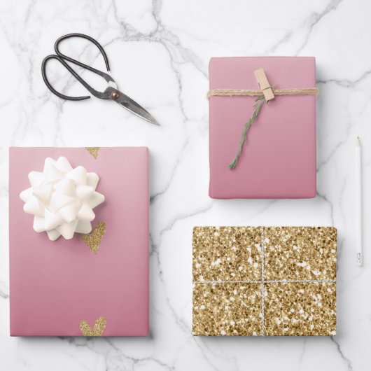 Rosa Ombre Gold Glitzer Herz Geschenkpapier Set (Vorderseite)