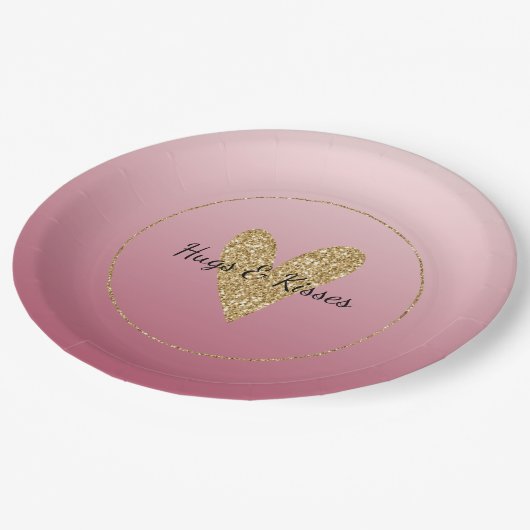 Rosa Ombre Gold Glitzer Herz Pappteller (Schrägansicht)