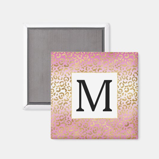 Rosa Ombre Gold Leopard Print Monogram Magnet (Vorderseite/Rückseite)