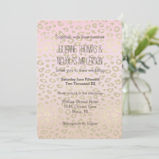 Rosa Ombre Gold Leopard Print Wedding Einladung (Stehend Vorderseite)