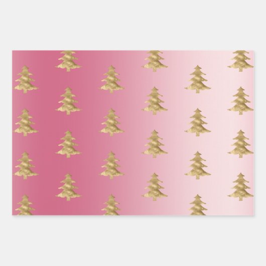 Rosa Ombre Gold Streifen Weihnachtsbaumen Confetti Geschenkpapier Set (Vorderseite)