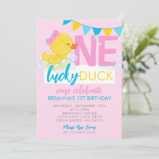 Rosa One Lucky Duck Girl Rubber Duck 1. Geburtstag Einladung