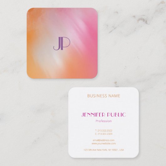 Rosa Orange Abstrakt Art-elegante Monogramm-Vorlag Quadratische Visitenkarte (Vorne/Hinten)