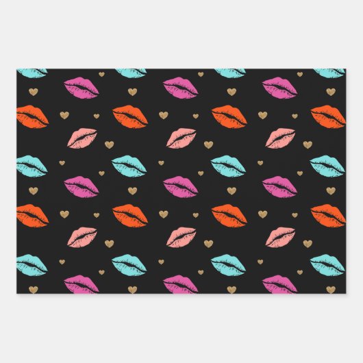 Rosa, orange & blaue Lippen & goldene Herzen Valen Geschenkpapier Set (Vorderseite 2)