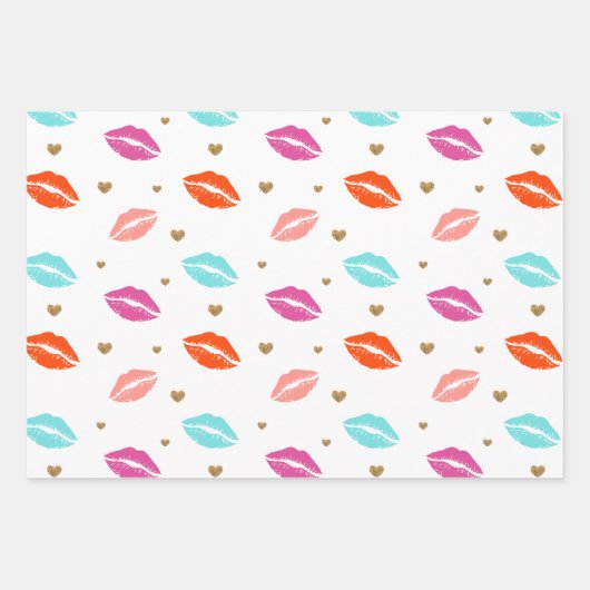 Rosa, orange & blaue Lippen & goldene Herzen Valen Geschenkpapier Set (Vorderseite)