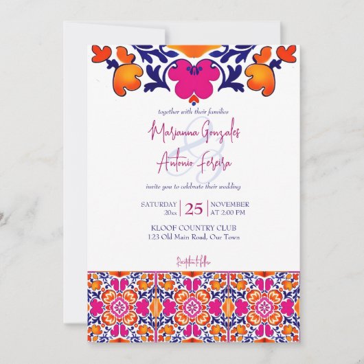 Rosa orange blaue mexikanische Fliesen in einer Ho Einladung (Vorderseite)