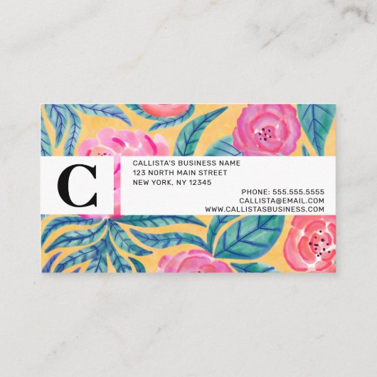 Rosa Orange Blume Blätter Aquarellfarben Monogramm Visitenkarte (Rückseite)