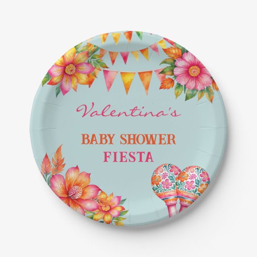 Rosa Orange Blumenblauer Fiesta Babydusche Pappteller (Vorderseite)