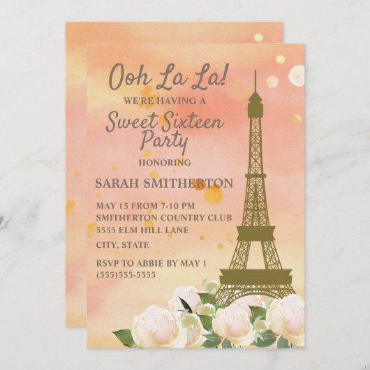 Rosa Orange Eiffelturm Weißer Blumenstrauß 16 Einladung (Vorne/Hinten)