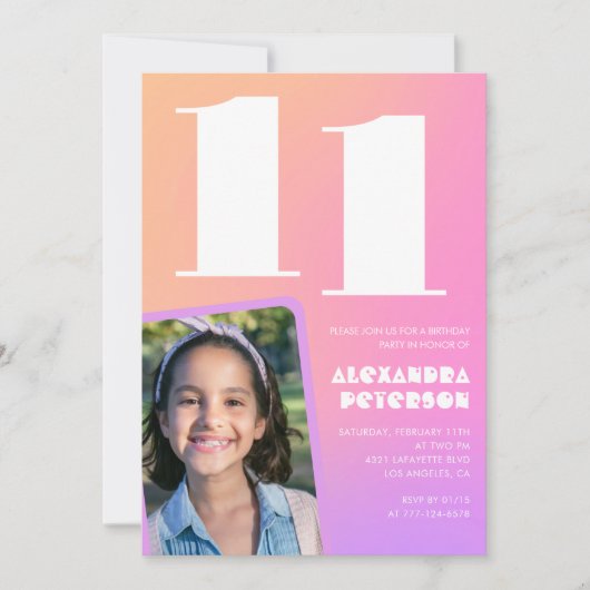 Rosa Orange Einladungen zum 11. Geburtstag Retro (Vorderseite)