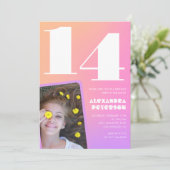 Rosa Orange Einladungen zum 14. Geburtstag Retro (Stehend Vorderseite)