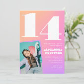 Rosa Orange Einladungen zum 14. Geburtstag Retro (Stehend Vorderseite)