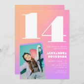 Rosa Orange Einladungen zum 14. Geburtstag Retro (Vorne/Hinten)