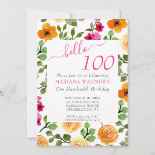 Rosa Orange Floral Elegant Script 100. Geburtstag Einladung