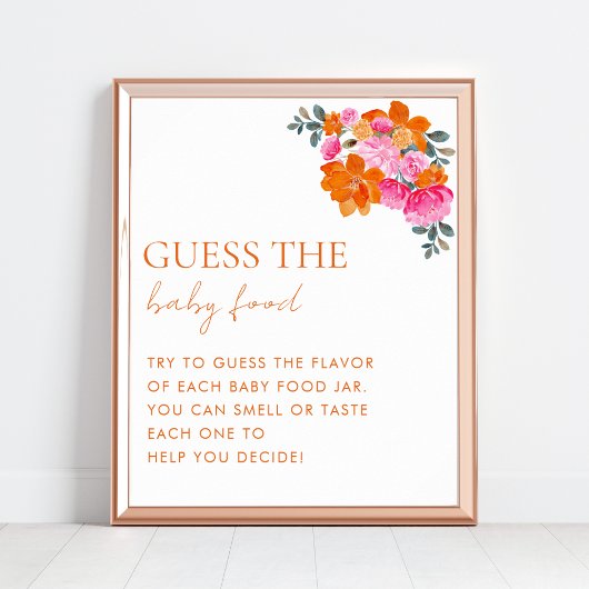 Rosa Orange Floral Guess the Baby Food Dusche Game Poster