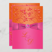 Rosa, orange-florale Monogramm Hochzeitseinladung Einladung (Vorne/Hinten)