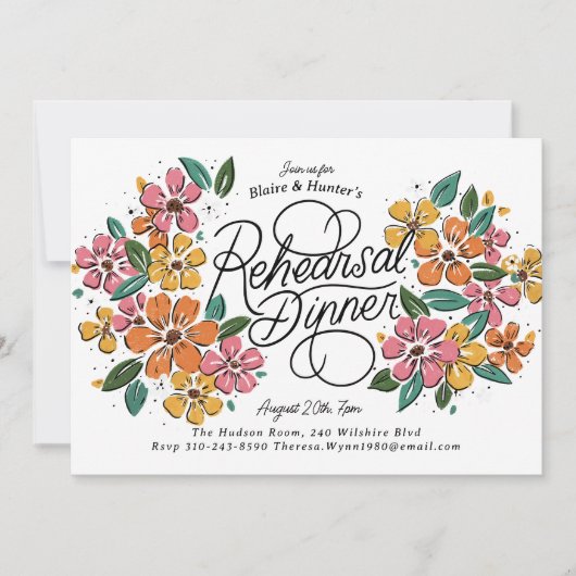 Rosa Orange Florals Handschrift Probe Abendessen Einladung (Vorderseite)