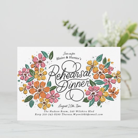 Rosa Orange Florals Handschrift Probe Abendessen Einladung (Stehend Vorderseite)