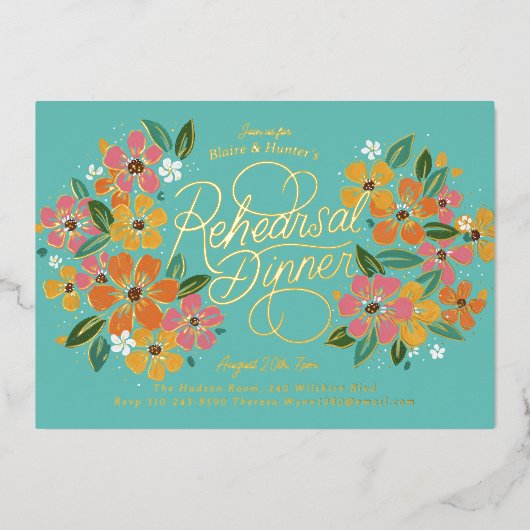 Rosa Orange Florals Handschrift Probe Abendessen Folieneinladung (Vorderseite)