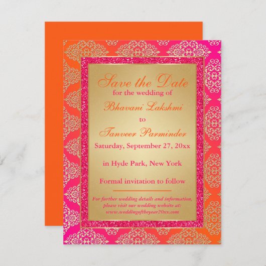 Rosa, orange, Gold IMITATE Glitzer Save the Date Einladung (Vorne/Hinten)
