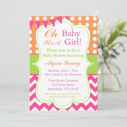 Rosa Orange Green Baby Girl Dusche Invite Einladung (Stehend Vorderseite)
