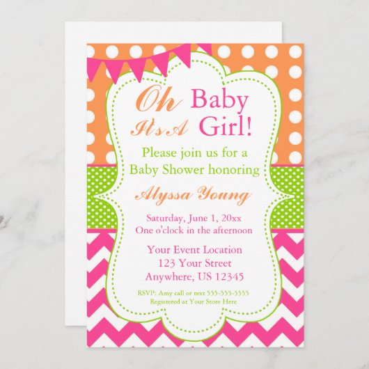 Rosa Orange Green Baby Girl Dusche Invite Einladung (Vorne/Hinten)