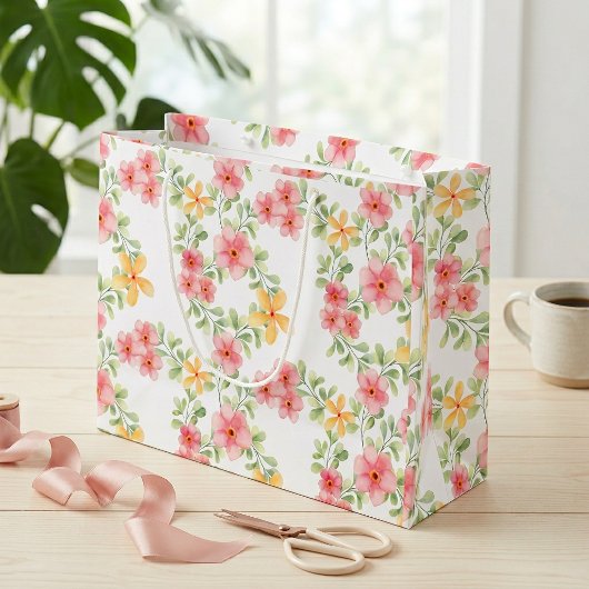 Rosa Orange Grüne Wildblumen-Wasserfarbe Große Geschenktüte