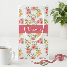 Rosa Orange Grüne Wildblumen-Wasserfarbe-Monogramm Kleine Geschenktüte