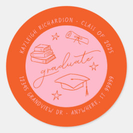 Rosa Orange Hand Drawing Graduate Umschlag Aufkleb Runder Aufkleber