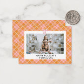Rosa Orange Kariert Bow Foto Weihnachtskarte Mitteilungskarte (Vorderseite/Rückseite Beispiel)
