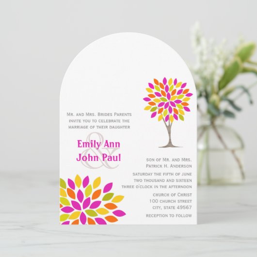 Rosa Orange Lemon Grüne Rustikale Blume Hochzeit Einladung (Stehend Vorderseite)