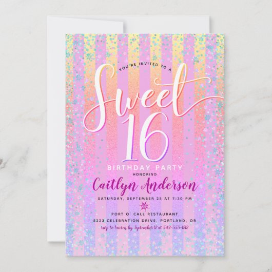 Rosa Orange Lila Ombre Streifen Sweet 16 Birthday Einladung (Vorderseite)