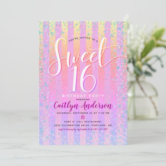Rosa Orange Lila Ombre Streifen Sweet 16 Birthday Einladung (Stehend Vorderseite)