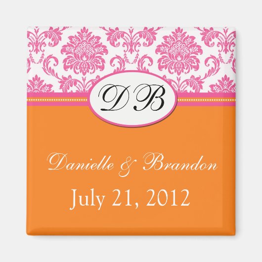 Rosa Orange Monogram Damask Hochzeitsmagnet Magnet (Vorne)