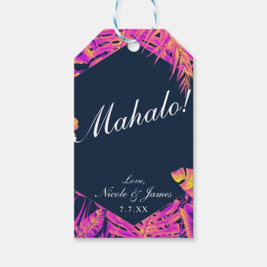 Rosa Orange Navy Tropical Palm Blätter Hochzeit Geschenkanhänger (Vorderseite)